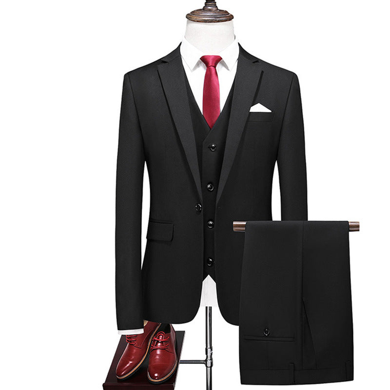 Elegant Men's Formal Three-piece Dinner Party Wedding Korean Slim Fit Solid Color Suit Set Black 4XL