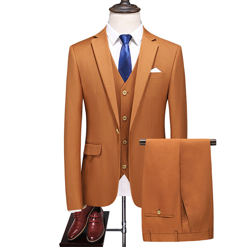 Elegant Men's Formal Three-piece Dinner Party Wedding Korean Slim Fit Solid Color Suit Set Caramel 5XL