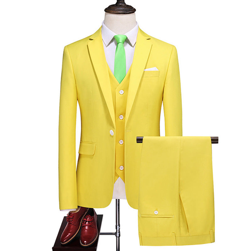 Elegant Men's Formal Three-piece Dinner Party Wedding Korean Slim Fit Solid Color Suit Set Lemon Yellow M