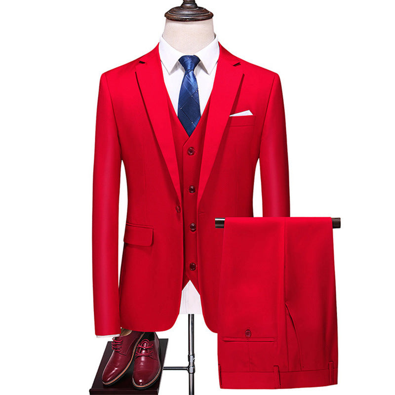 Elegant Men's Formal Three-piece Dinner Party Wedding Korean Slim Fit Solid Color Suit Set Bright Red 2XL