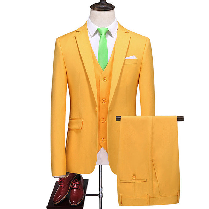 Elegant Men's Formal Three-piece Dinner Party Wedding Korean Slim Fit Solid Color Suit Set Orange L