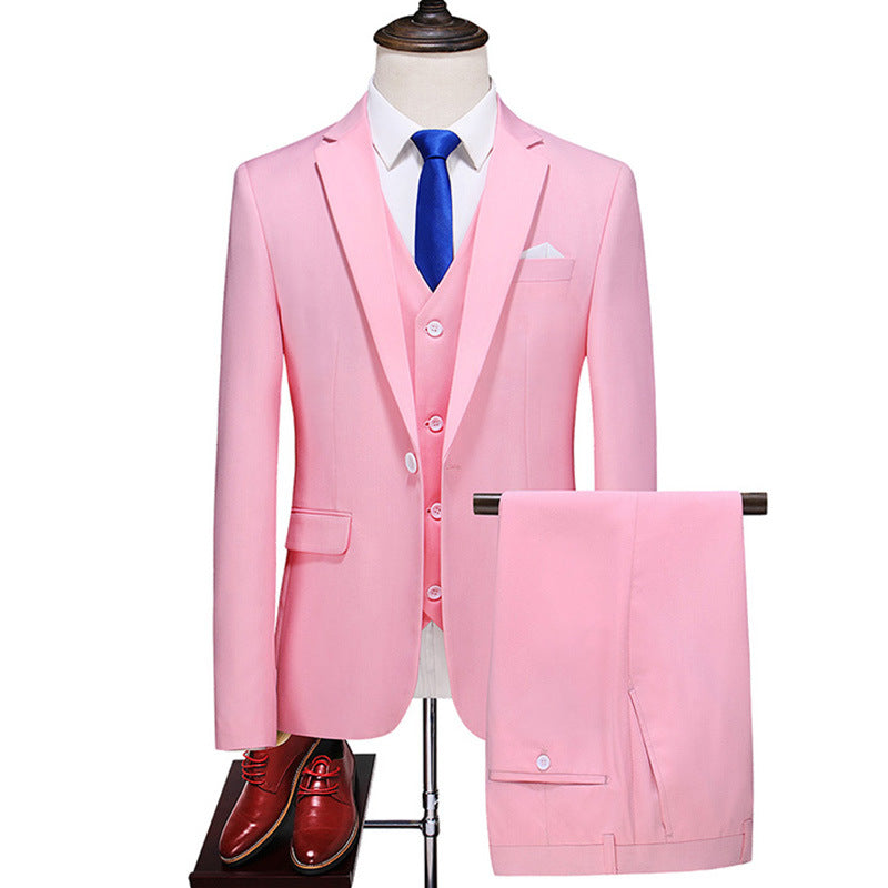 Elegant Men's Formal Three-piece Dinner Party Wedding Korean Slim Fit Solid Color Suit Set Pink 4XL