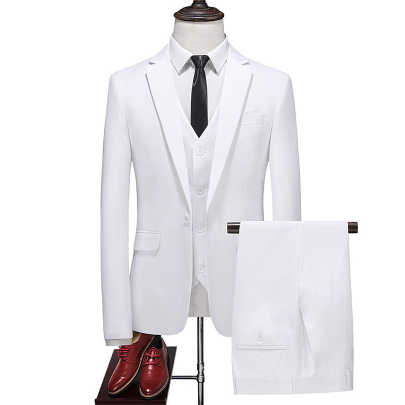Elegant Men's Formal Three-piece Dinner Party Wedding Korean Slim Fit Solid Color Suit Set White 2XL