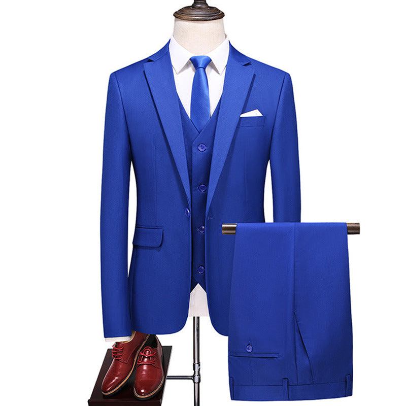 Elegant Men's Formal Three-piece Dinner Party Wedding Korean Slim Fit Solid Color Suit Set Sapphire Blue 5XL