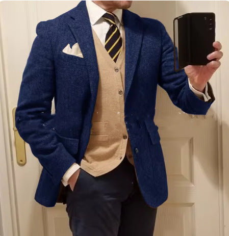 Stylish Men's Herringbone Jacket Modern Tailored Fit Sapphire Blue XL