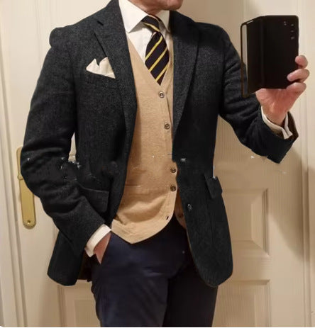 Stylish Men's Herringbone Jacket Modern Tailored Fit Black L