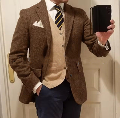 Stylish Men's Herringbone Jacket Modern Tailored Fit Coffee XS