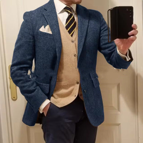 Stylish Men's Herringbone Jacket Modern Tailored Fit Navy Blue L
