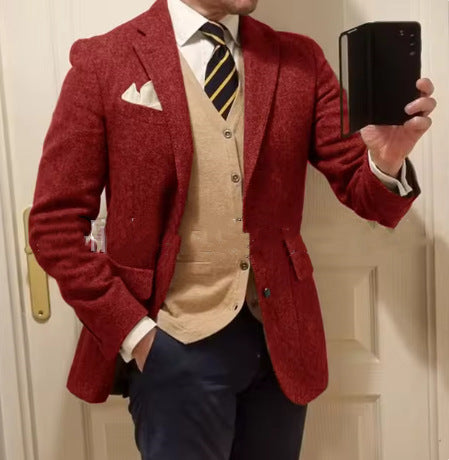 Stylish Men's Herringbone Jacket Modern Tailored Fit Red 3XL