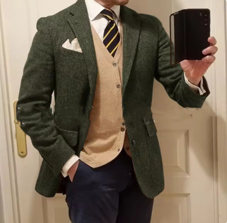 Stylish Men's Herringbone Jacket Modern Tailored Fit Olive Green L
