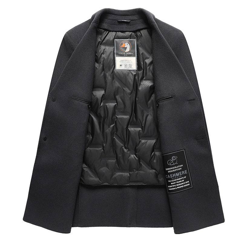 Handcrafted Dual-layer Wool Blend Mid-length Jacket with Detachable Goose Feather Lining Casual Outerwear