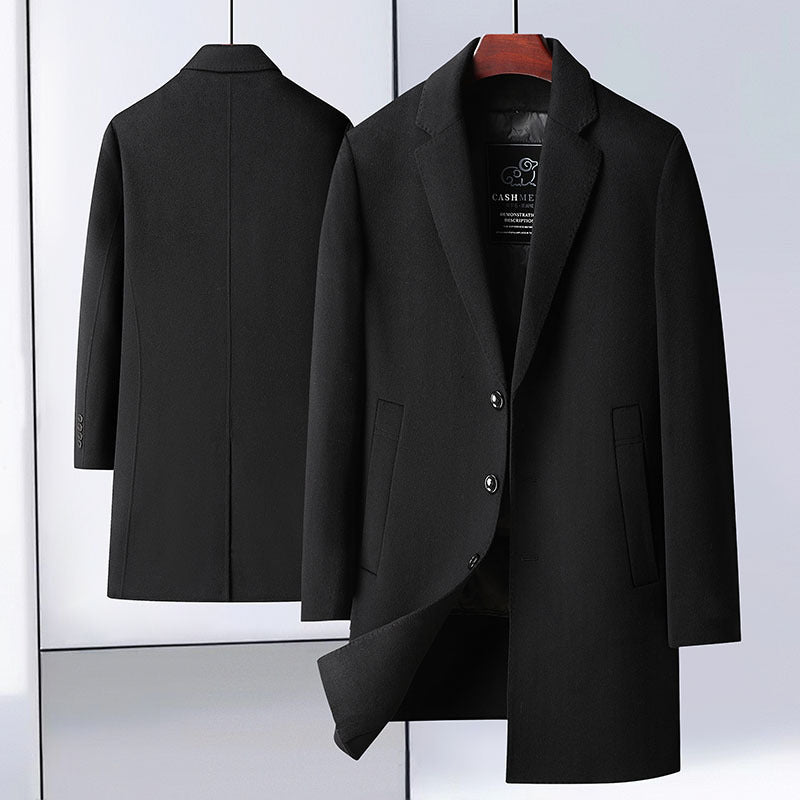 Handcrafted Dual-layer Wool Blend Mid-length Jacket with Detachable Goose Feather Lining Casual Outerwear Black 175 L