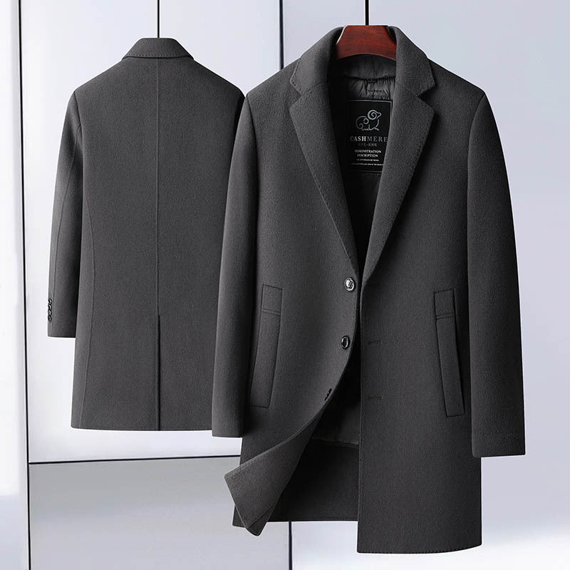 Handcrafted Dual-layer Wool Blend Mid-length Jacket with Detachable Goose Feather Lining Casual Outerwear Gray 170 M
