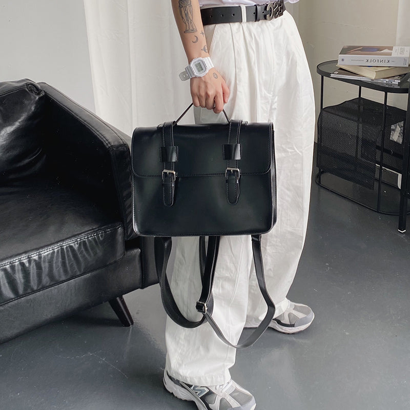 Versatile Dual Strap Leather Crossbody Carryall Black
