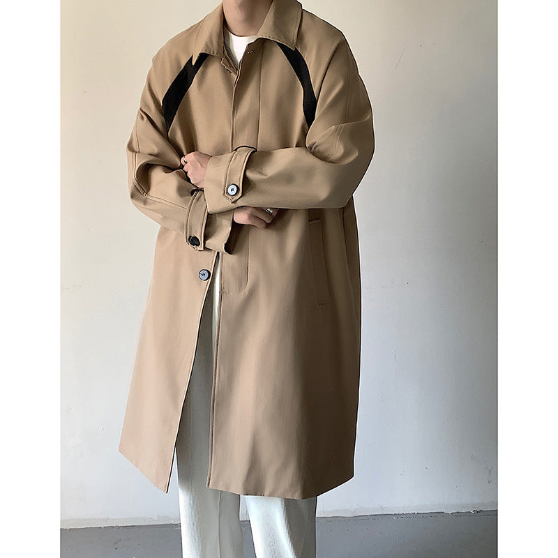 Casual Men's Long Trench Coat Relaxed Fit Lapel Jacket Khaki M