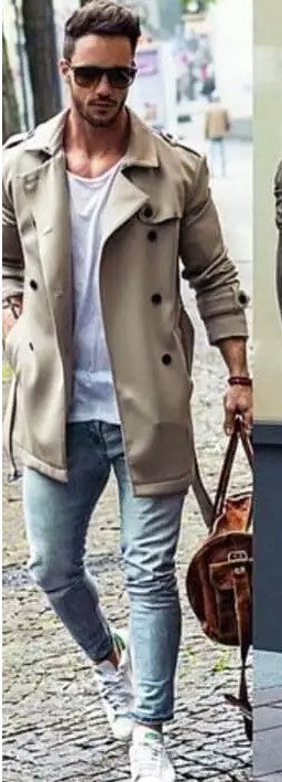 Modern Plain Hue Basic Men's Mid-Length Wool Jacket Light green XL
