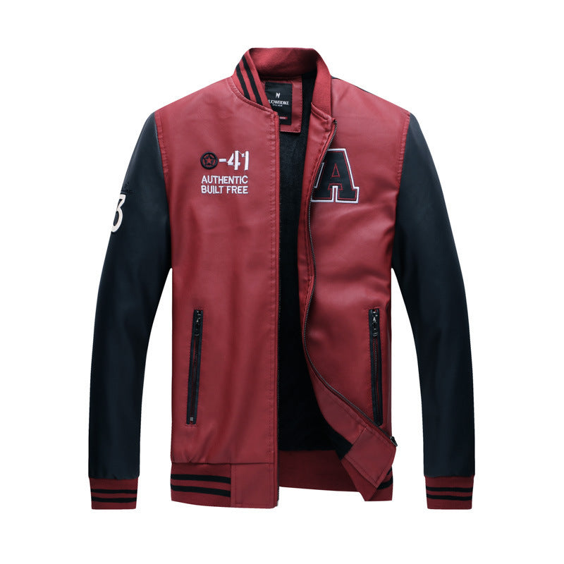 Stylish Men's Faux Leather Coat, Versatile Stand-collar Outerwear for Men Red L