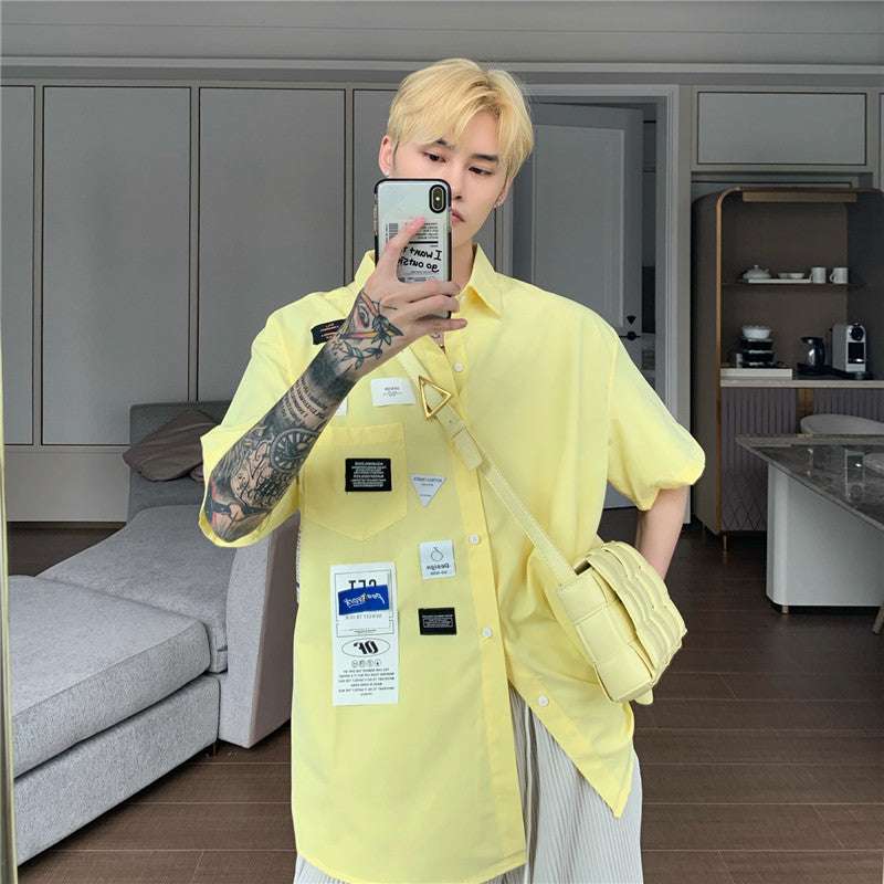 Custom Fit Korean Print Tee Men's Short Sleeve Yellow M