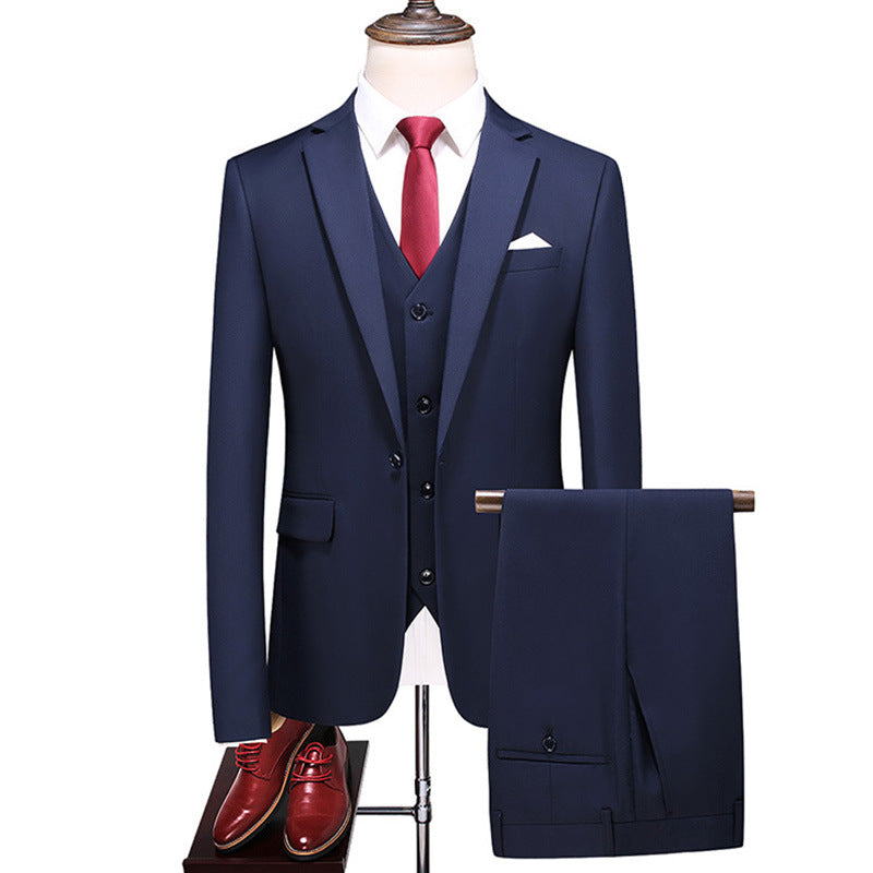 Elegant Men's Formal Three-piece Dinner Party Wedding Korean Slim Fit Solid Color Suit Set Navy Blue 2XL