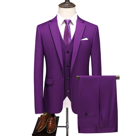 Elegant Men's Formal Three-piece Dinner Party Wedding Korean Slim Fit Solid Color Suit Set