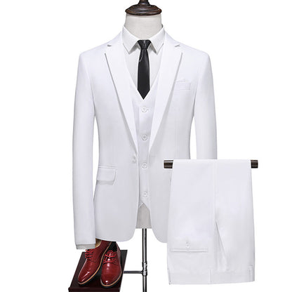 Elegant Men's Formal Three-piece Dinner Party Wedding Korean Slim Fit Solid Color Suit Set White XL