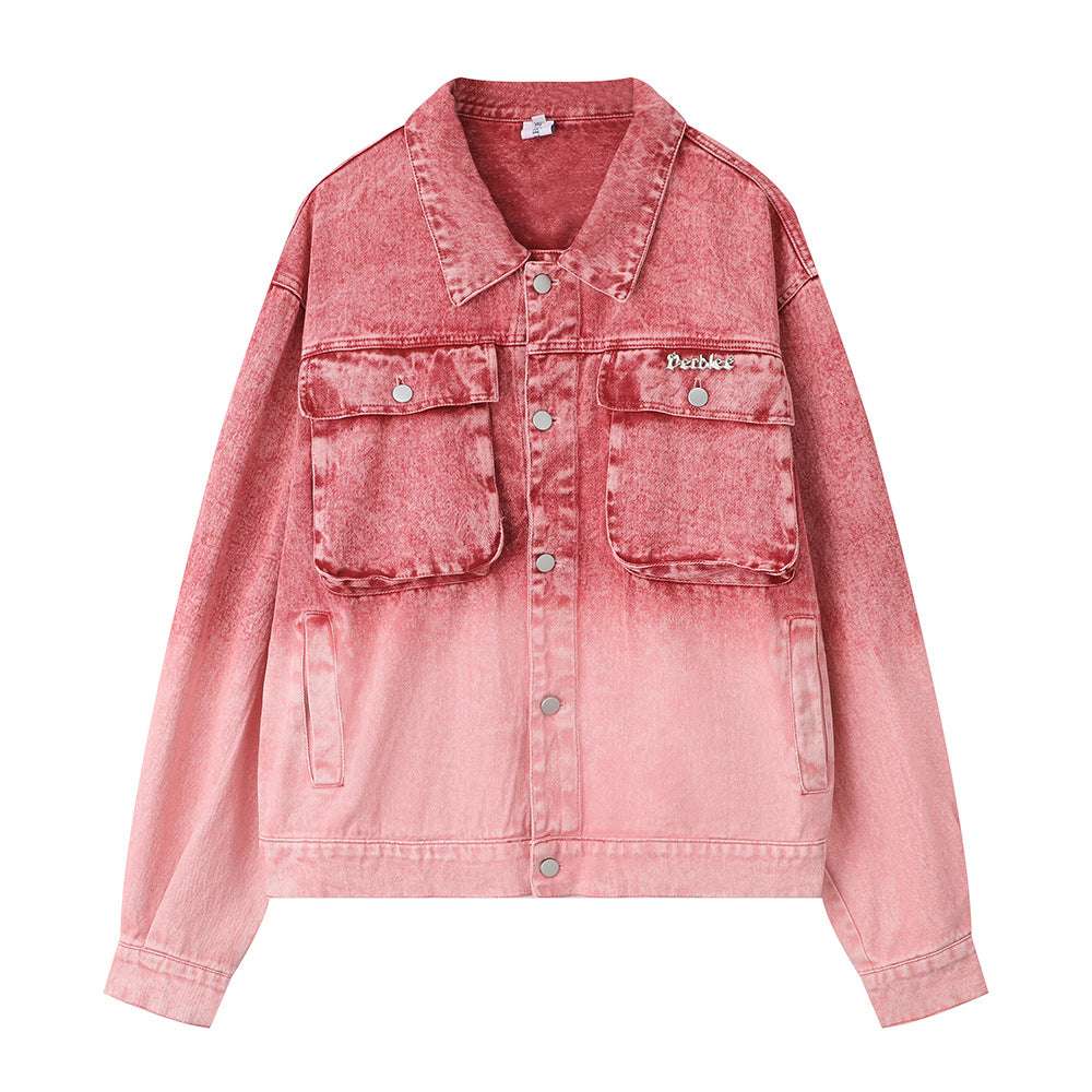 Faded Ombre Dip-Dyed Denim Coat Red L