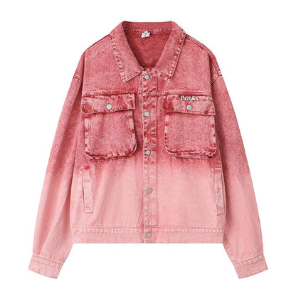 Faded Ombre Dip-Dyed Denim Coat Red XL