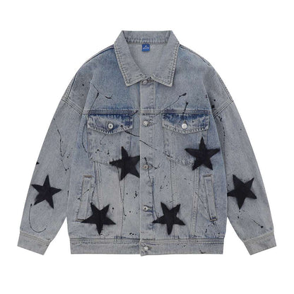 Geometric Star Wash Print Denim Coat Blue XL