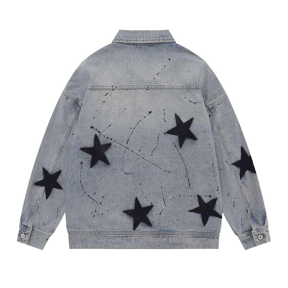 Geometric Star Wash Print Denim Coat