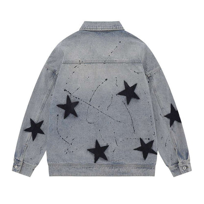 Geometric Star Wash Print Denim Coat