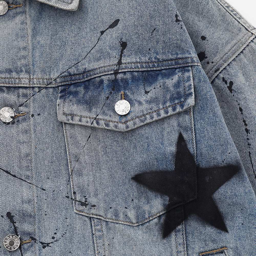 Geometric Star Wash Print Denim Coat