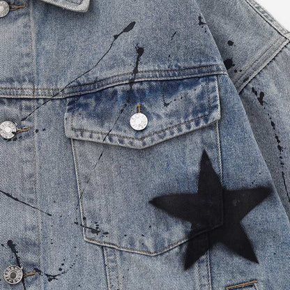 Geometric Star Wash Print Denim Coat