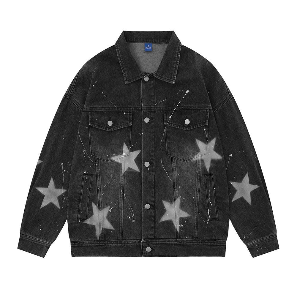 Geometric Star Wash Print Denim Coat