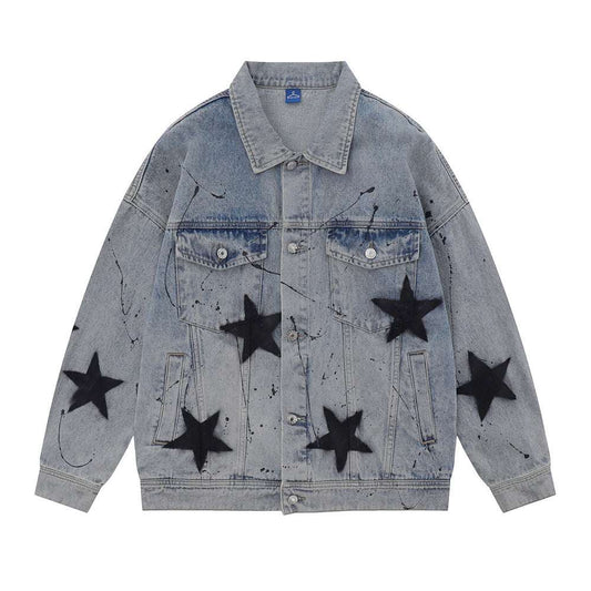 Geometric Star Wash Print Denim Coat