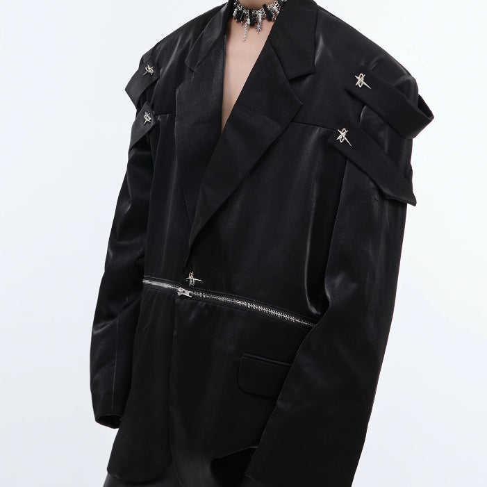 Thick Specialty Shiny Textured Structured Shoulder Blazer Coat