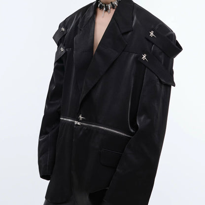 Thick Specialty Shiny Textured Structured Shoulder Blazer Coat