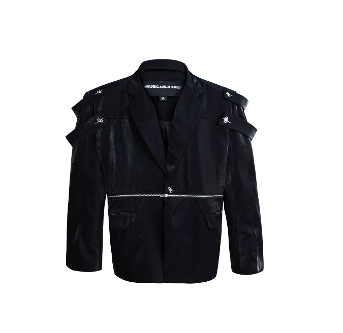 Thick Specialty Shiny Textured Structured Shoulder Blazer Coat