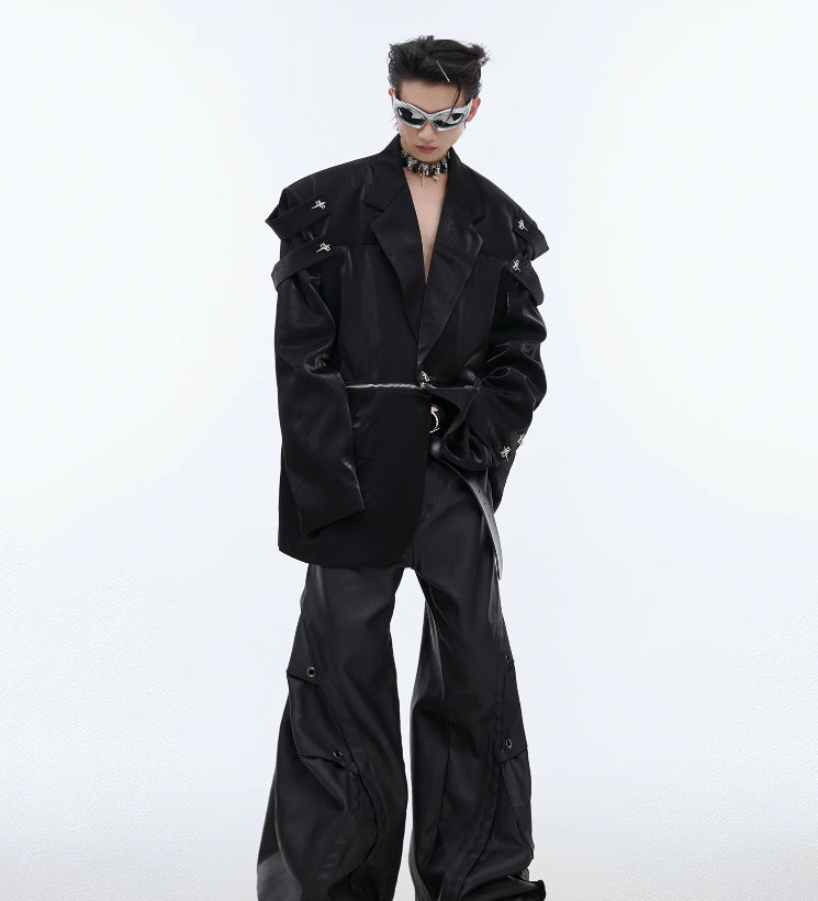 Thick Specialty Shiny Textured Structured Shoulder Blazer Coat