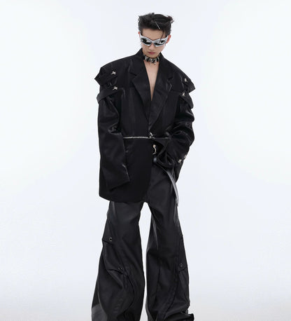 Thick Specialty Shiny Textured Structured Shoulder Blazer Coat