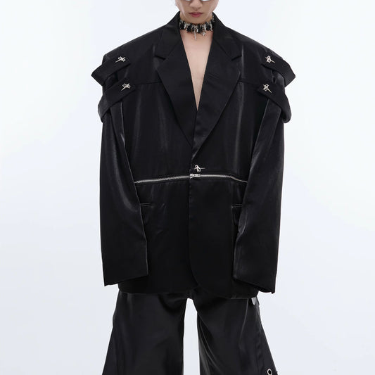 Thick Specialty Shiny Textured Structured Shoulder Blazer Coat