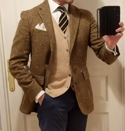 Stylish Men's Herringbone Jacket Modern Tailored Fit Brown 3XL