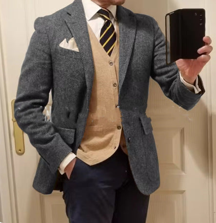 Stylish Men's Herringbone Jacket Modern Tailored Fit Dark Gray 3XL