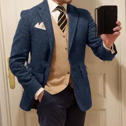 Stylish Men's Herringbone Jacket Modern Tailored Fit Navy Blue XXS