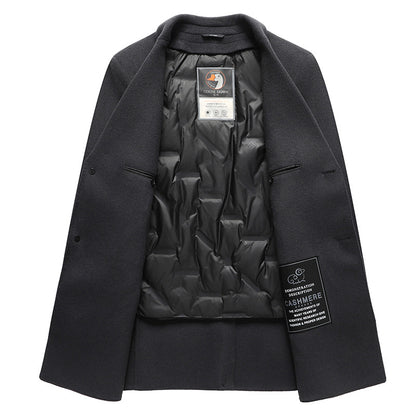 Handcrafted Dual-layer Wool Blend Mid-length Jacket with Detachable Goose Feather Lining Casual Outerwear