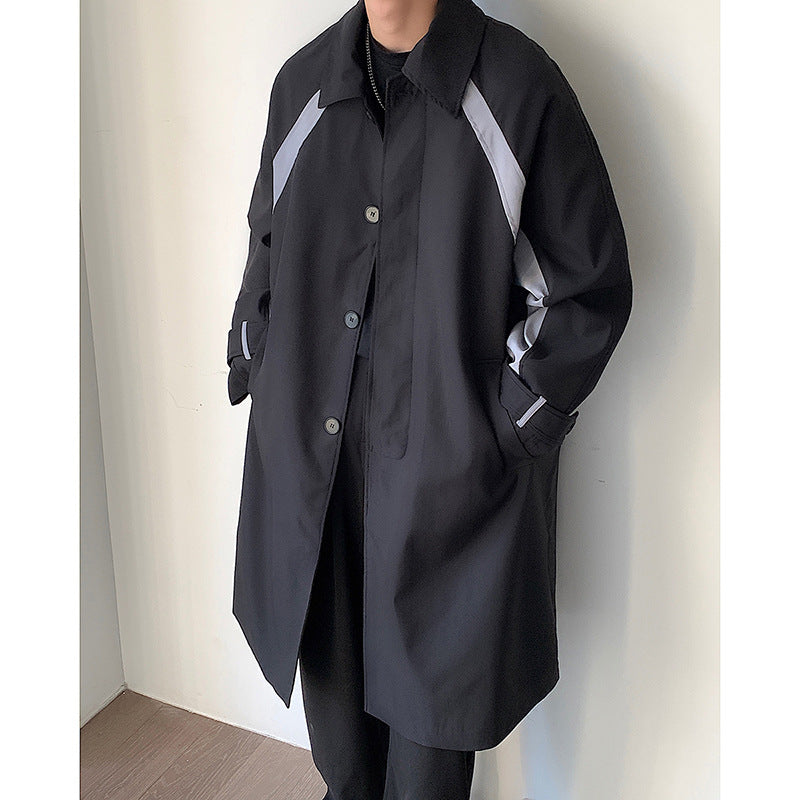 Casual Men's Long Trench Coat Relaxed Fit Lapel Jacket Black M
