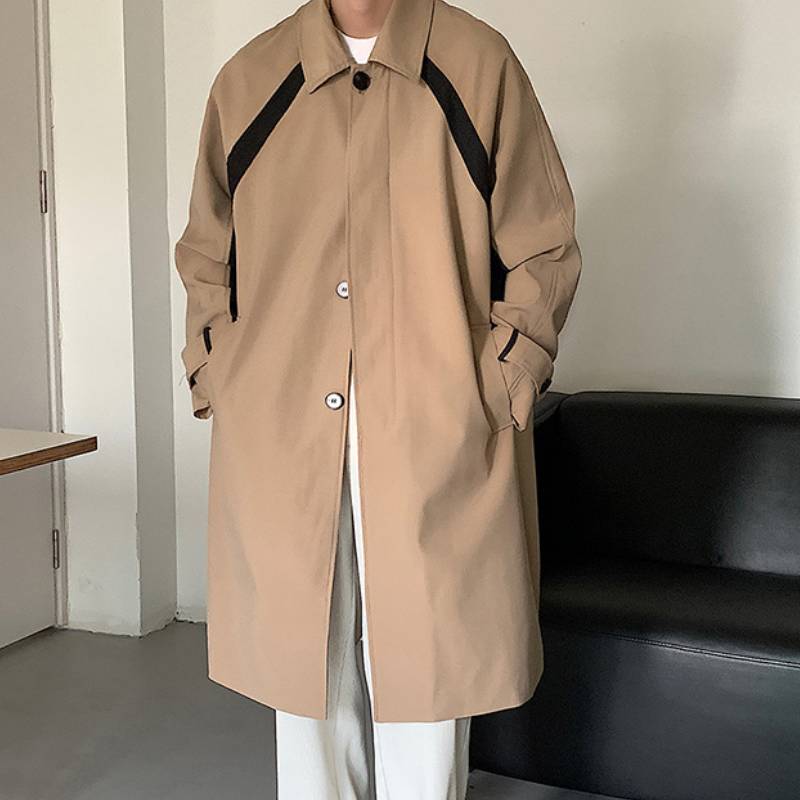 Casual Men's Long Trench Coat Relaxed Fit Lapel Jacket