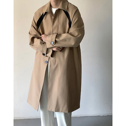 Casual Men's Long Trench Coat Relaxed Fit Lapel Jacket Khaki M