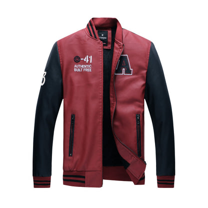 Stylish Men's Faux Leather Coat, Versatile Stand-collar Outerwear for Men Red XL
