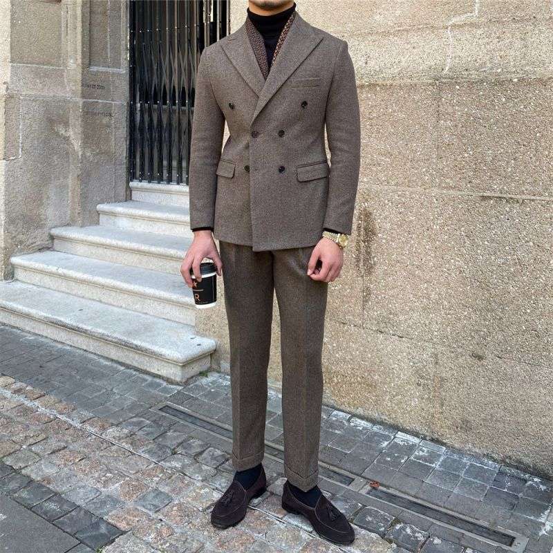 Men's Slim Fit Double Breasted Houndstooth Jacket Deep Khaki