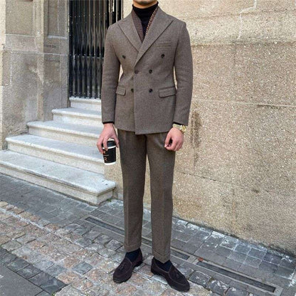 Men's Slim Fit Double Breasted Houndstooth Jacket Deep Khaki